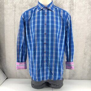Robert Graham Shirt Men 2XL Blue Pink Plaid Flip Cuff Button Long Sleeve Cotton
